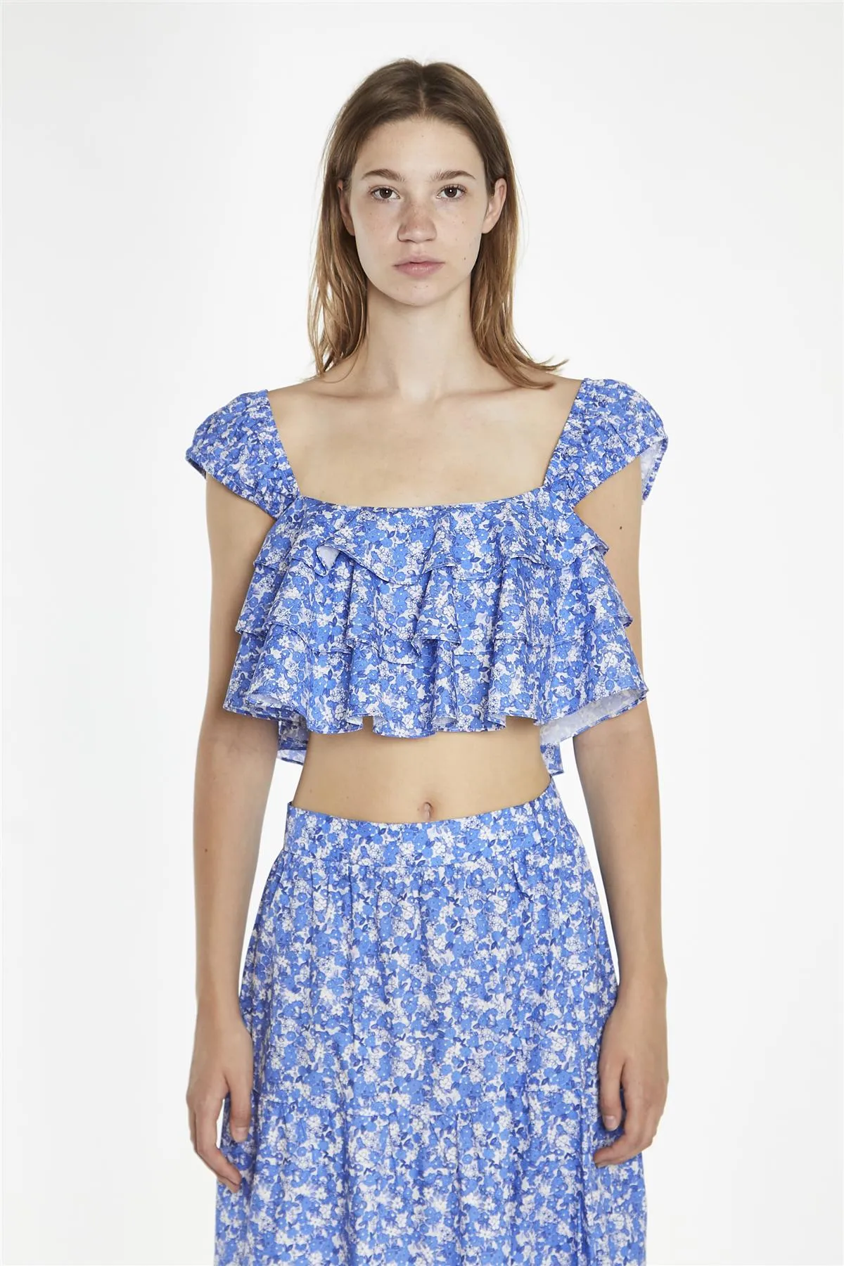 Blue-Watercolour Floral Ruffle Crop-Tops