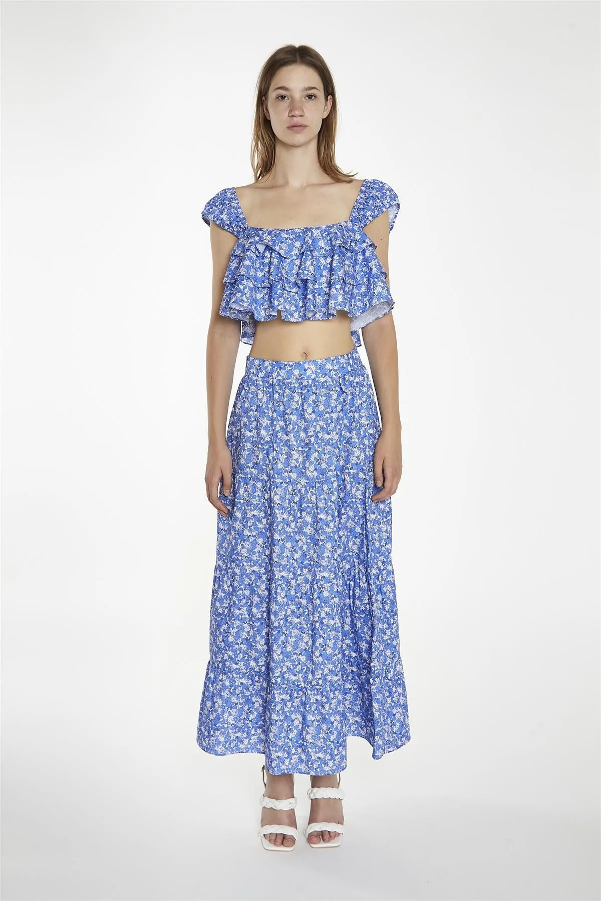 Blue-Watercolour Floral Ruffle Crop-Tops