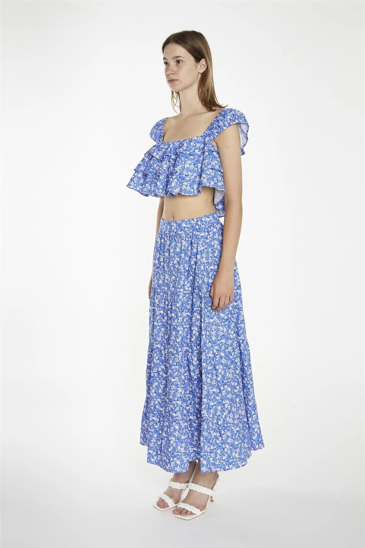 Blue-Watercolour Floral Ruffle Crop-Tops
