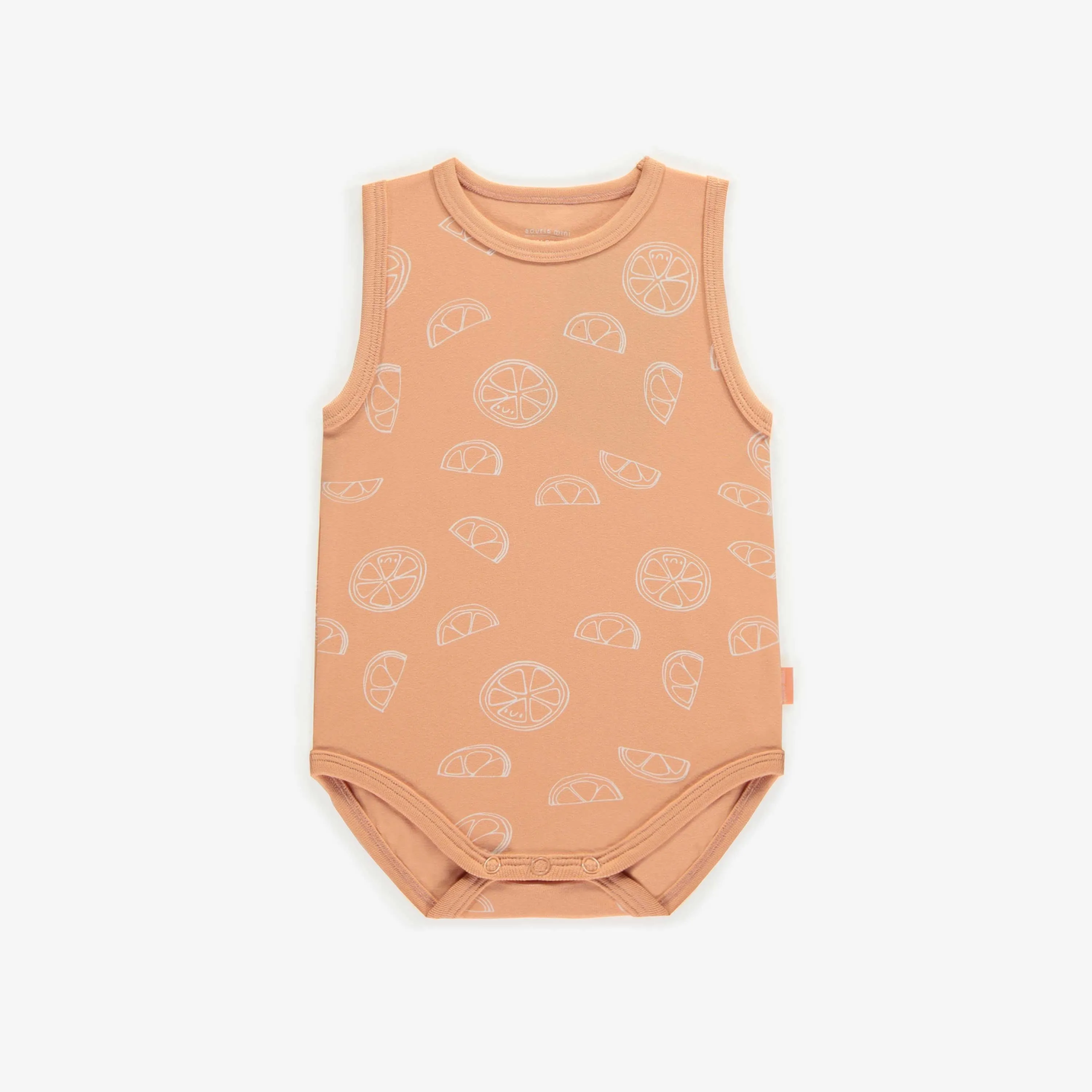 Cache-couche orange avec clémentines à bretelles larges en jersey extensible, bébé || Orange bodysuit with clementine and large straps in stretch jersey, baby