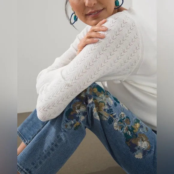 Chico's So Slimming Floral Embroidered Blue Ankle Jeans- Brand New Size 8R