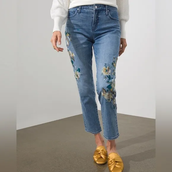 Chico's So Slimming Floral Embroidered Blue Ankle Jeans- Brand New Size 8R