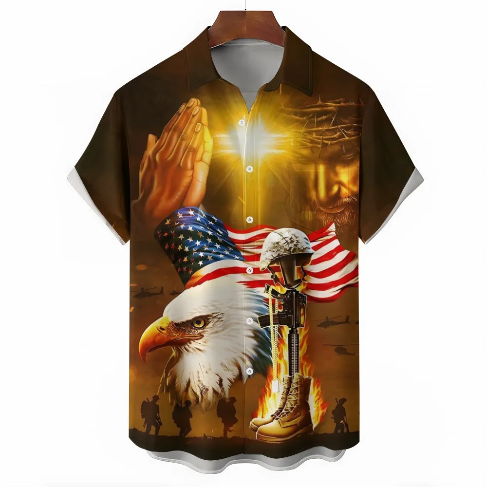 Christian Patriotic Military Print Short Sleeve Shirt 2411004029