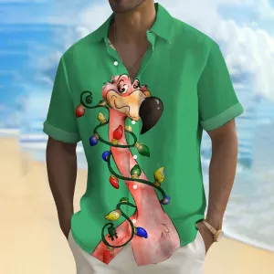 Christmas Flamingo Lanterns 3D Digital Print Short Sleeve Shirt