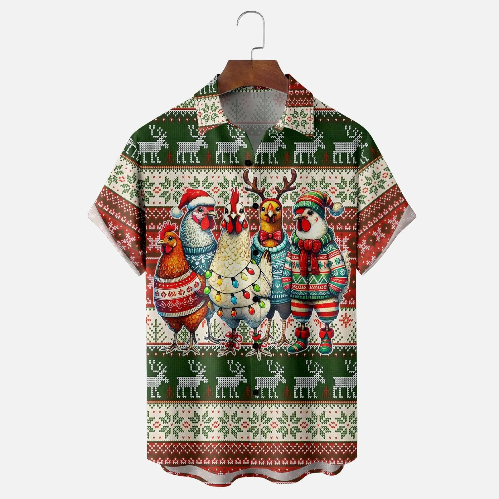 Christmas Rooster Funny Cartoon Breast Pocket Casual Shirt