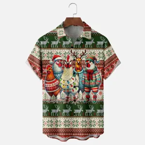 Christmas Rooster Funny Cartoon Breast Pocket Casual Shirt