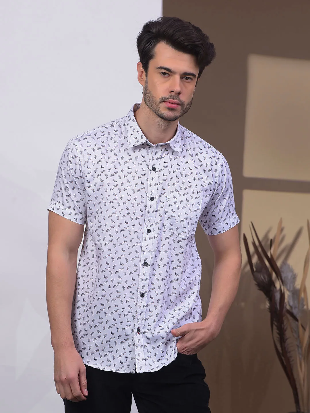 COBB WHITE PRINTED HALF-SLEEVE CASUAL SHIRT