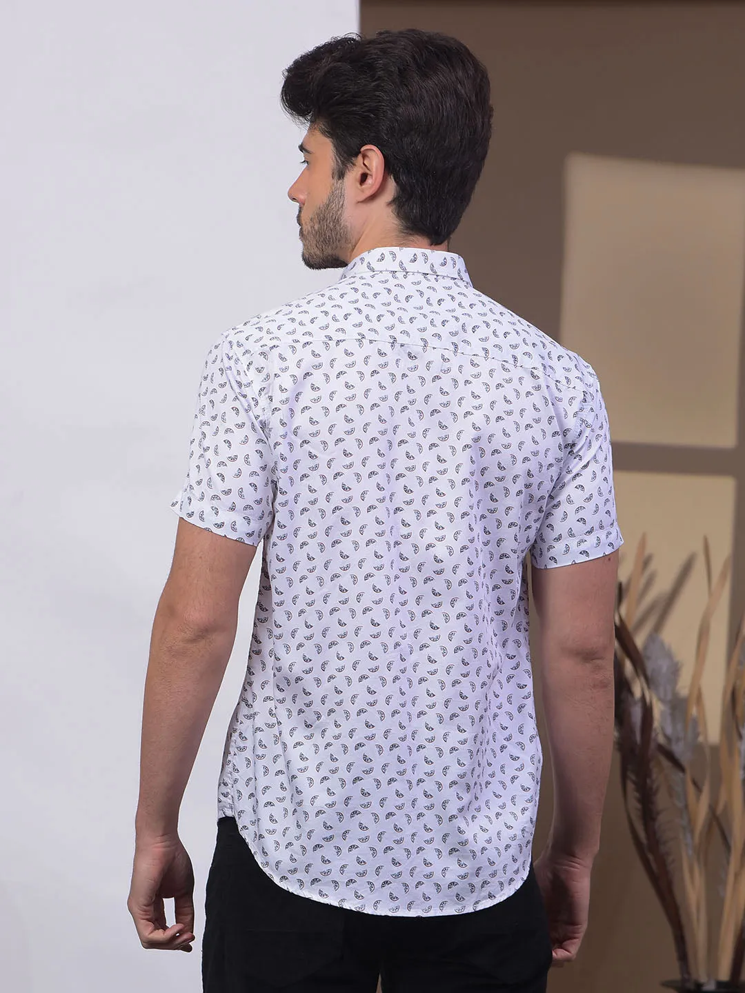 COBB WHITE PRINTED HALF-SLEEVE CASUAL SHIRT