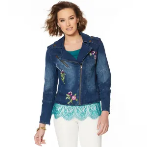 Colleen Lopez Women's Embroidered Denim Moto Jacket