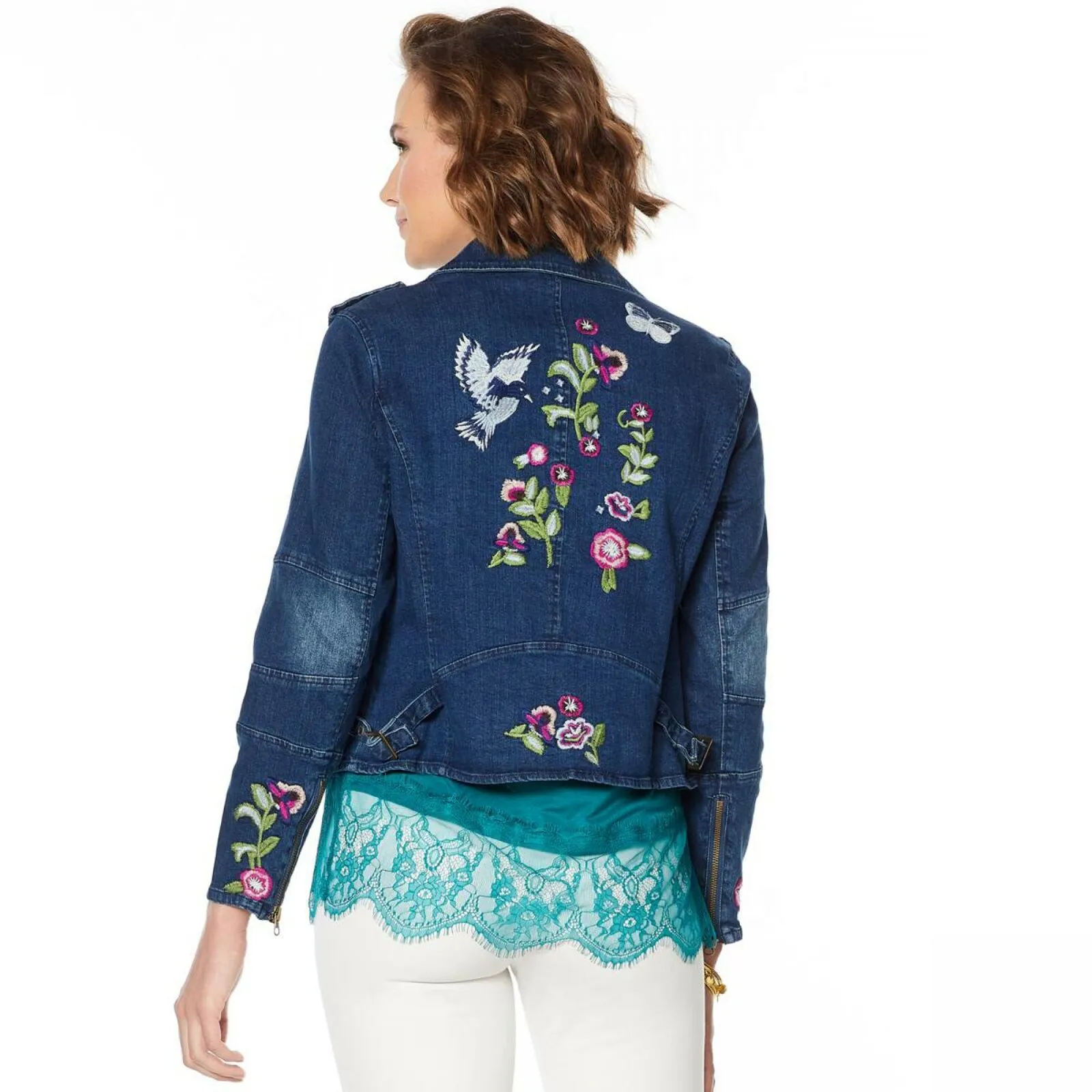Colleen Lopez Women's Embroidered Denim Moto Jacket