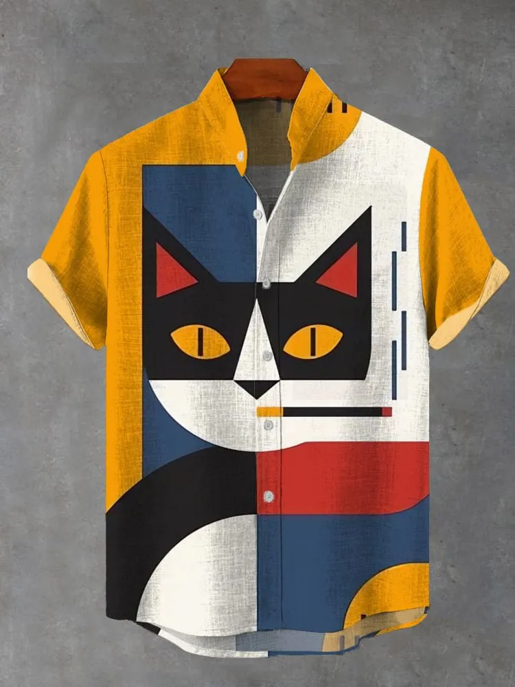Color Block Patchwork Cartoon Cat Pattern Short-Sleeved Shirt