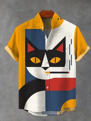 Color Block Patchwork Cartoon Cat Pattern Short-Sleeved Shirt