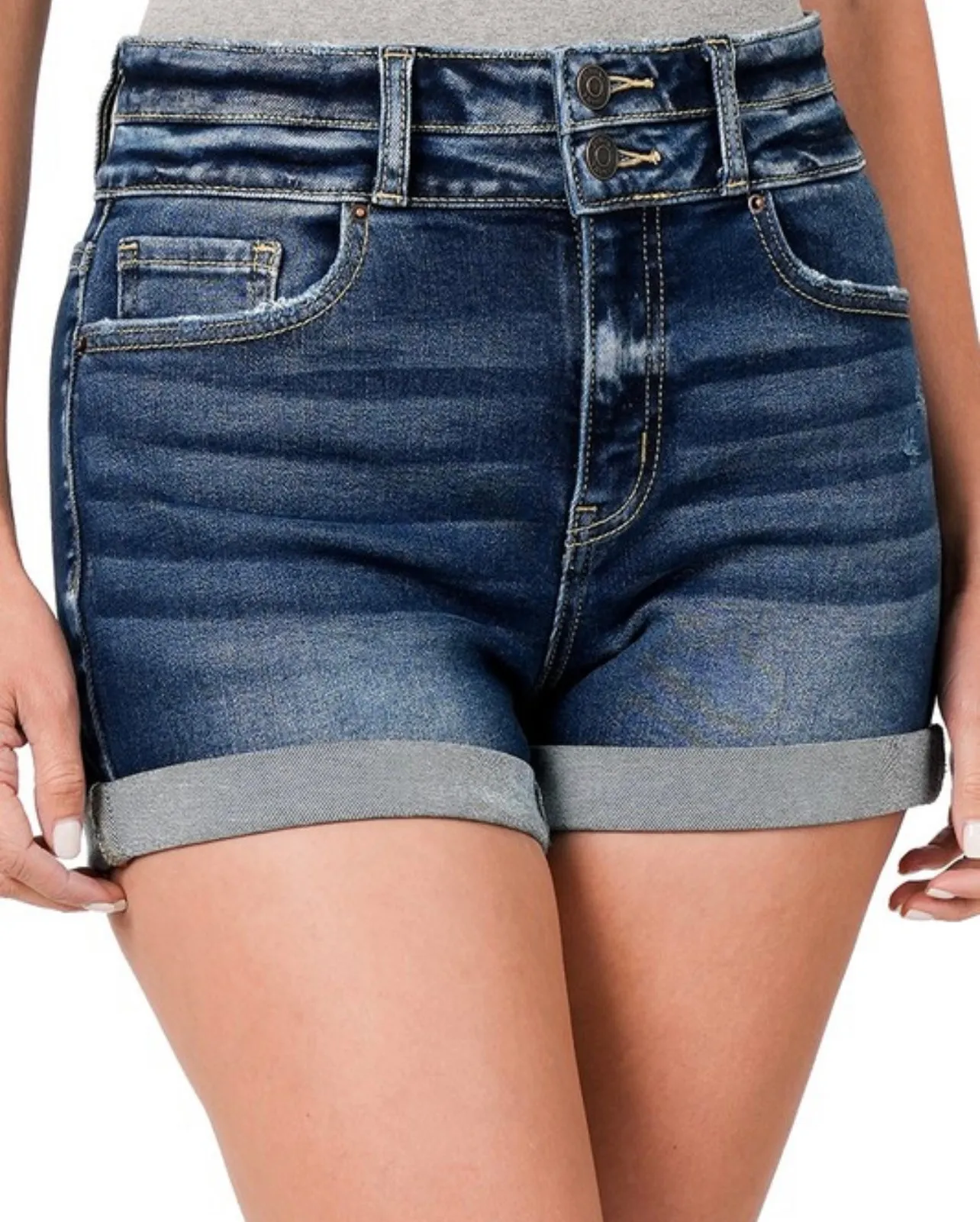 Cuffed Denim Shorts-Dark Wash