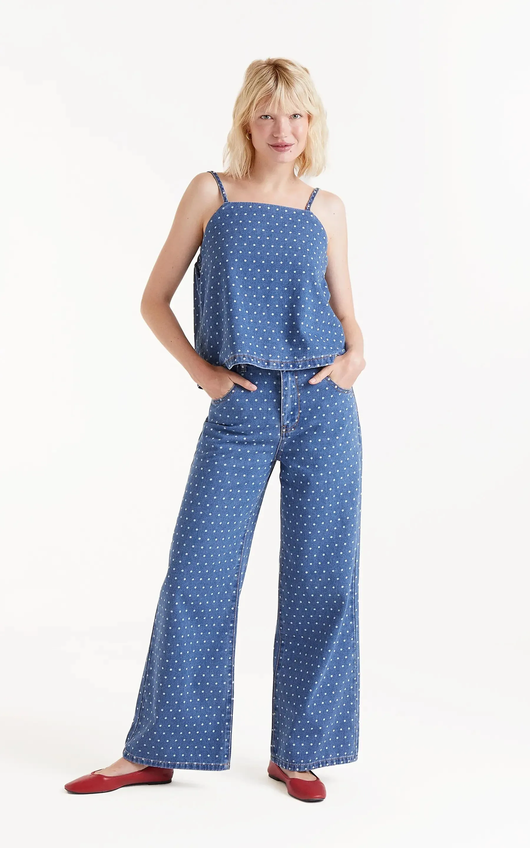 Denim Jeans With Polka Dot Print