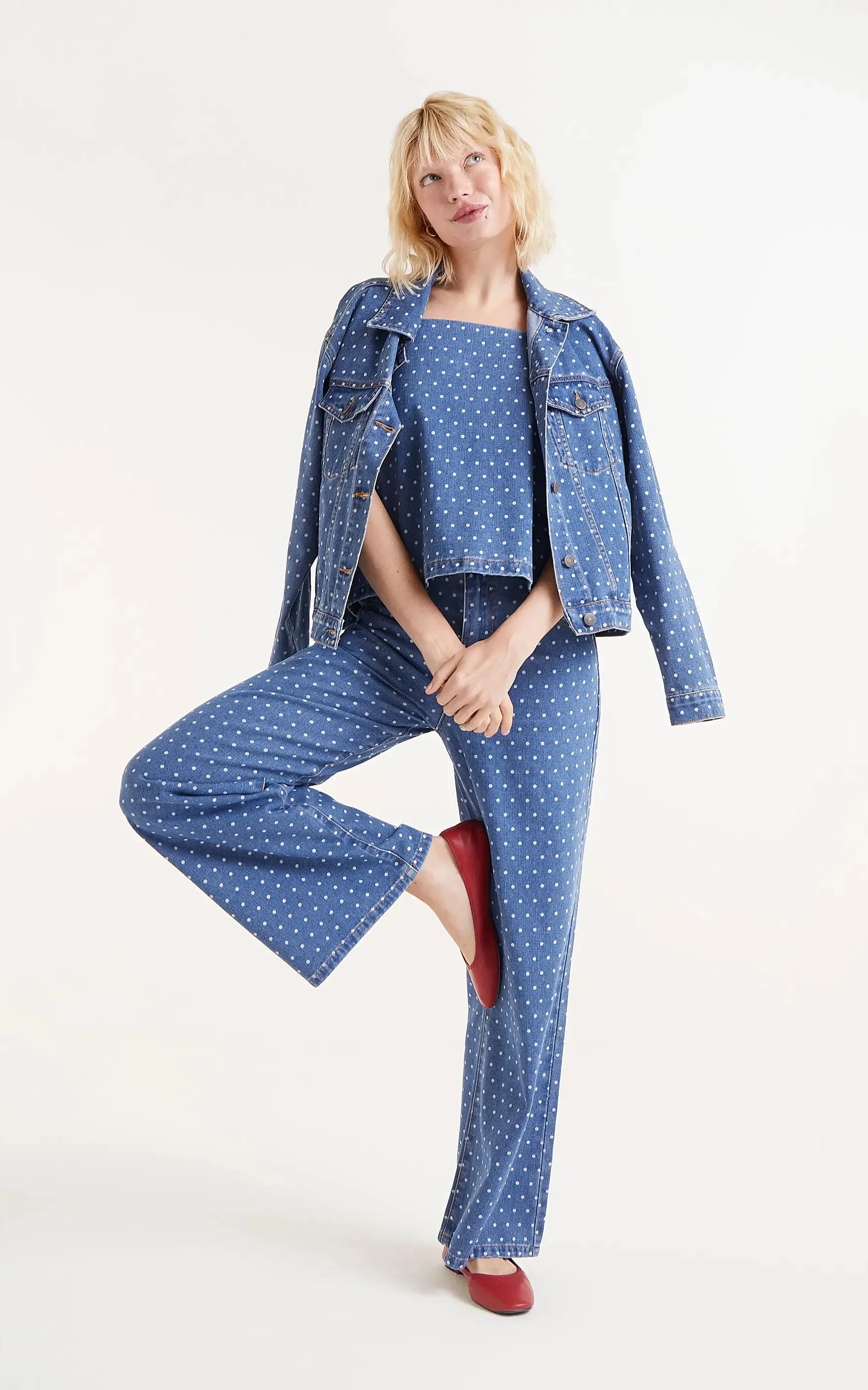 Denim Jeans With Polka Dot Print