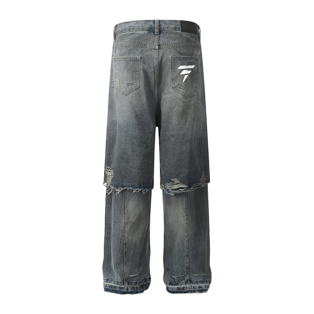 DF Vintage Washed Patch Double Layer Ripped Jeans