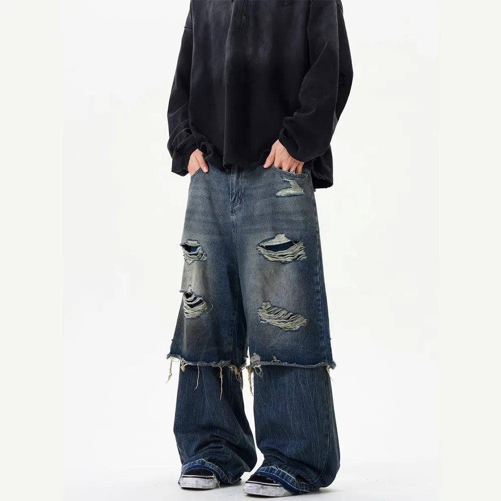 DF Vintage Washed Patch Double Layer Ripped Jeans