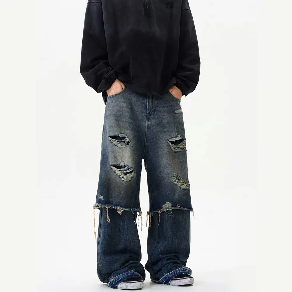 DF Vintage Washed Patch Double Layer Ripped Jeans