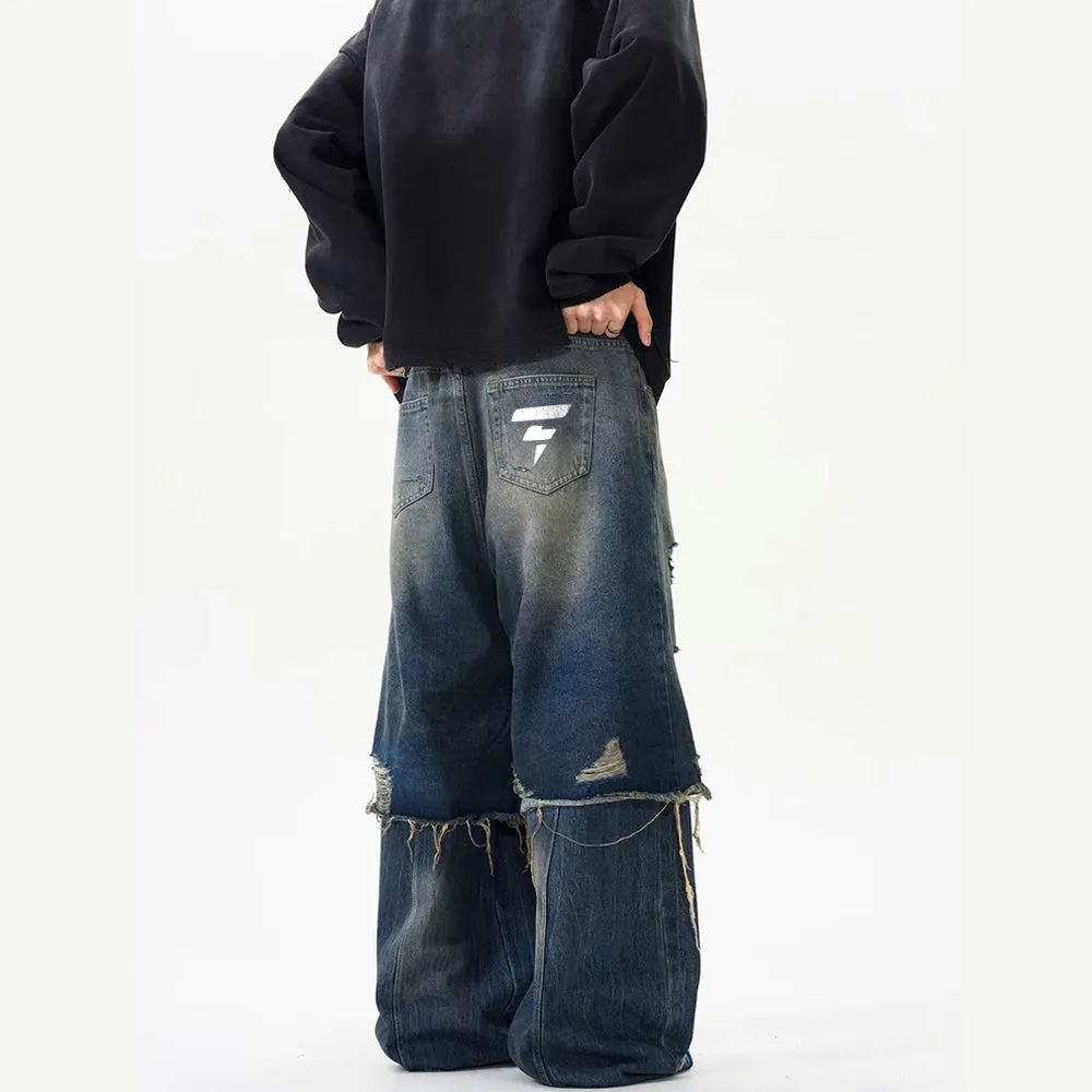 DF Vintage Washed Patch Double Layer Ripped Jeans