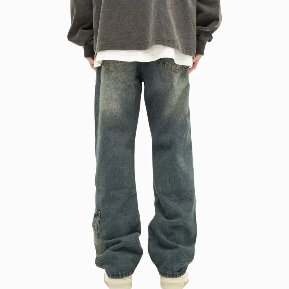 DF Washed Raw Edge Pockets Straight Jeans