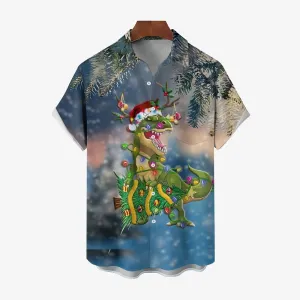 Dinosaur Christmas Colored Lights Casual Short Sleeve Shirt 2408007697