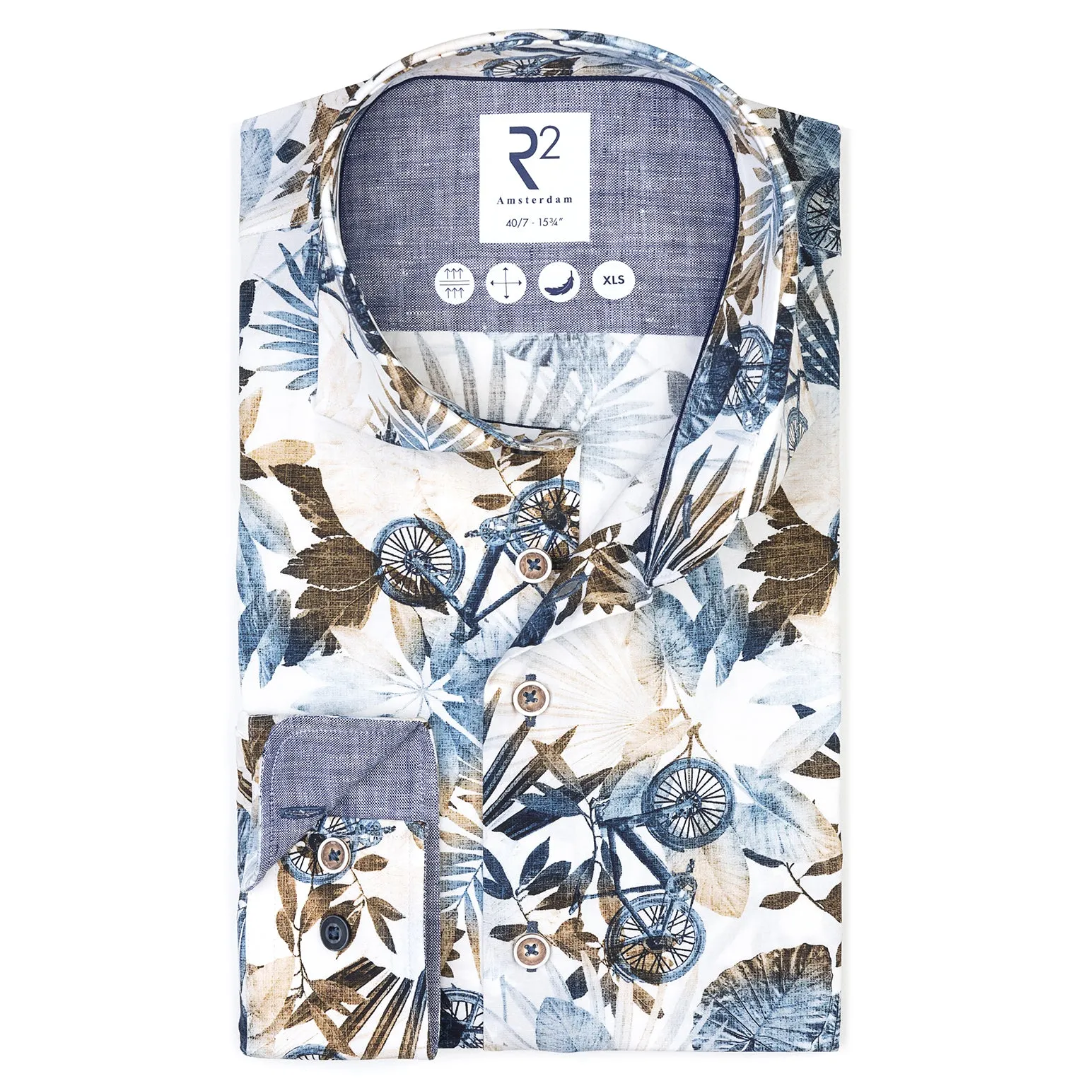 Extra long sleeves. Floral bicycle print stretch shirt