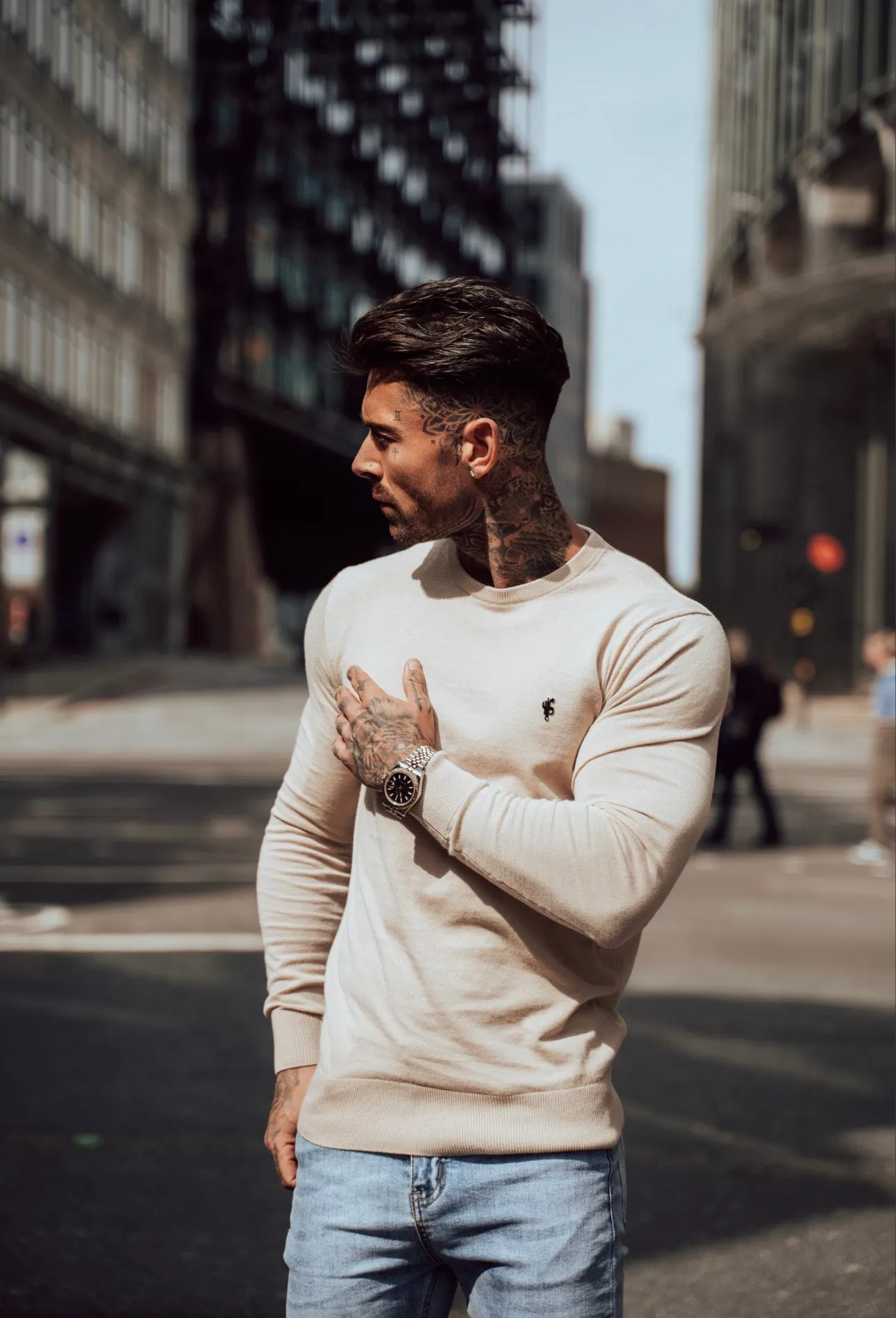 Father Sons Classic Beige Light Weight Knitted Crew Neck with Black Metal Decal - FSN094