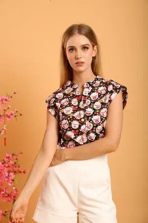 Felizia Linen Top in Navy Fortune Cat