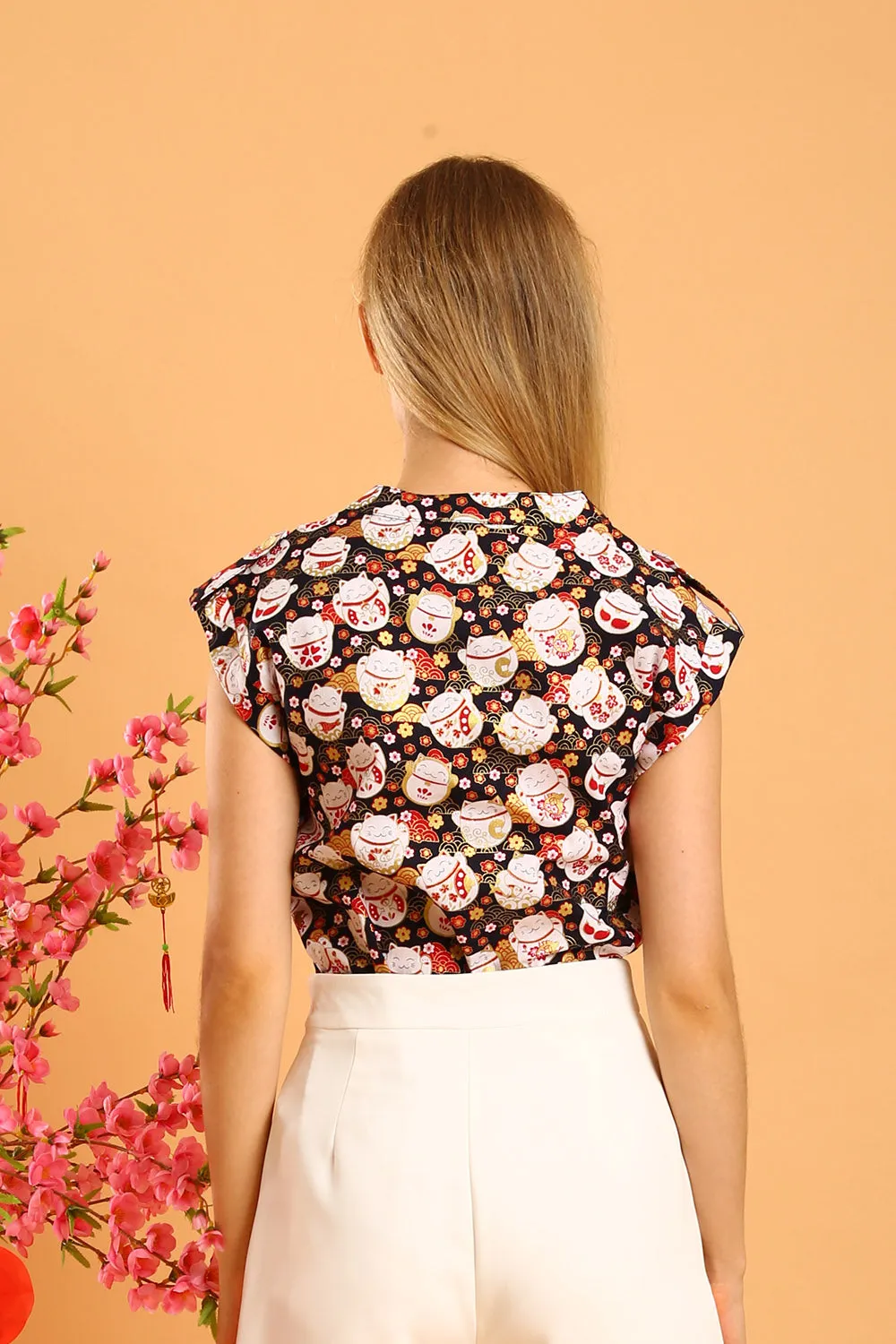 Felizia Linen Top in Navy Fortune Cat