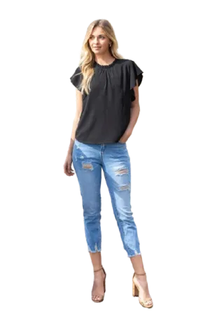 Fold Frill Neckline Butterfly Sleeve Solid Top Black - Pack of 6