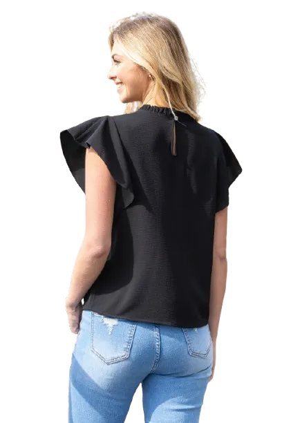 Fold Frill Neckline Butterfly Sleeve Solid Top Black - Pack of 6