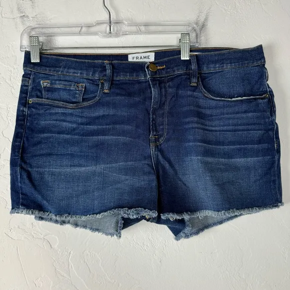 Frame Shorts Denim‎ Jean Le Cutoff Solid Dark Wash Blue Williams Frayed Cotton