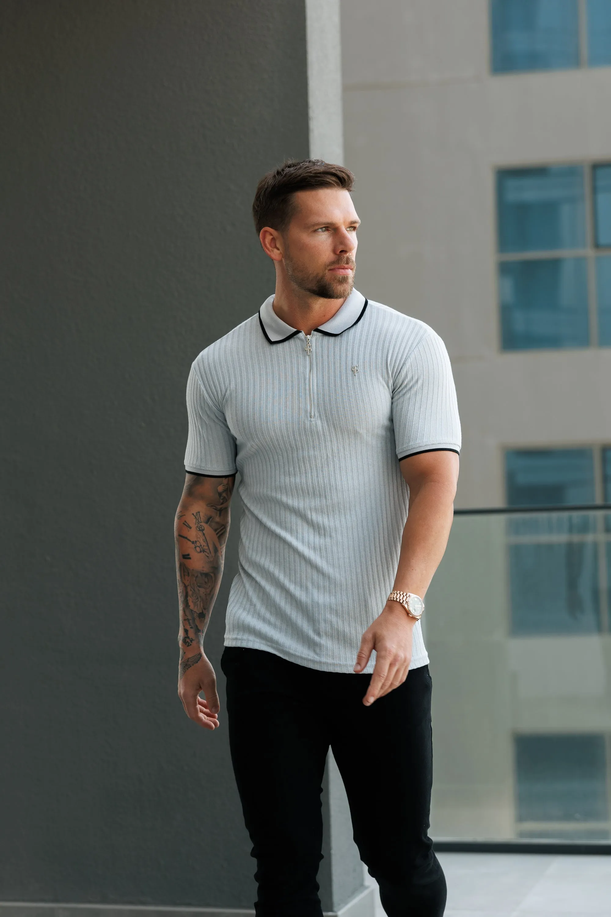 FS Classic Grey Ribbed Zip Polo with Contrast Short Sleeve - FSH1108