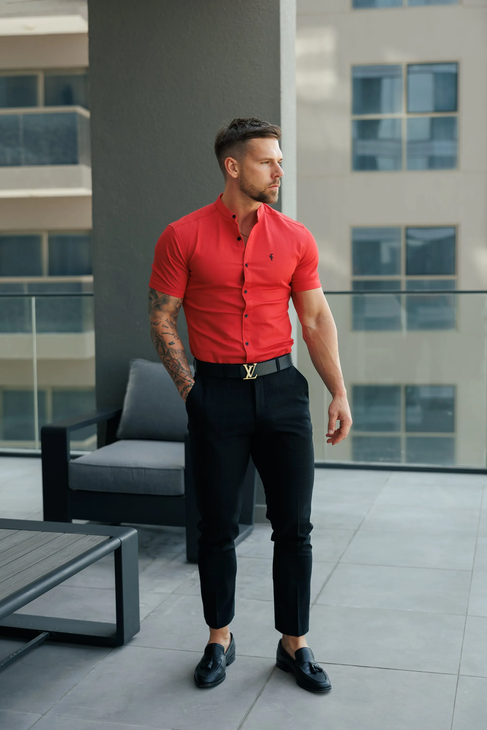 FS Super Slim Stretch Postbox Red Denim Short Sleeve with Grandad Collar - FS1141