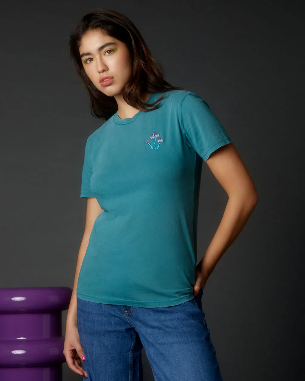 Fungi Embroidered Organic Cotton T-Shirt Teal