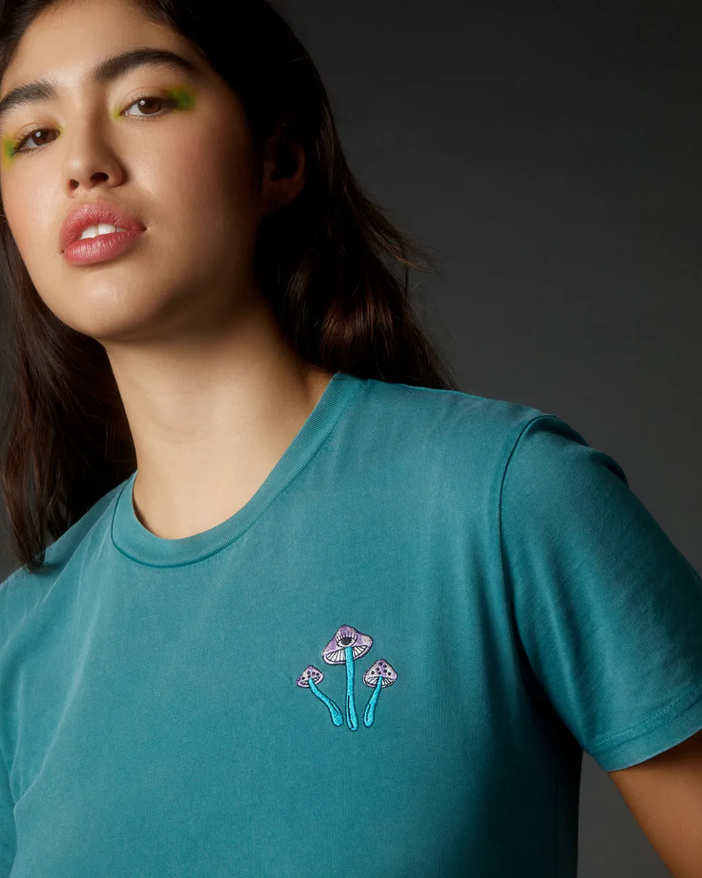 Fungi Embroidered Organic Cotton T-Shirt Teal