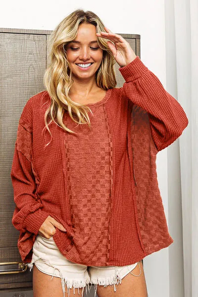 Georgina Checkered Spliced Long Sleeve Top