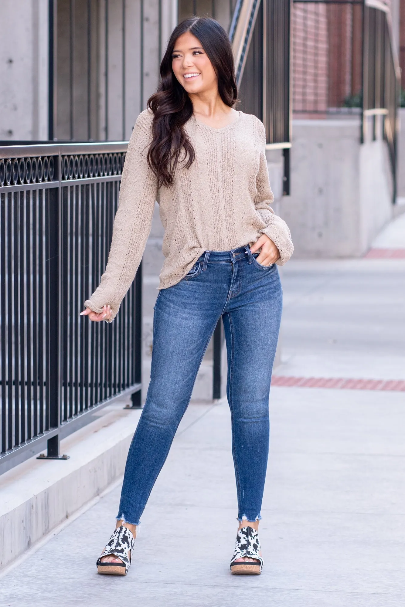 Glistening Mid Rise Raw Hem Cropped Skinny Regular & Plus Sizes