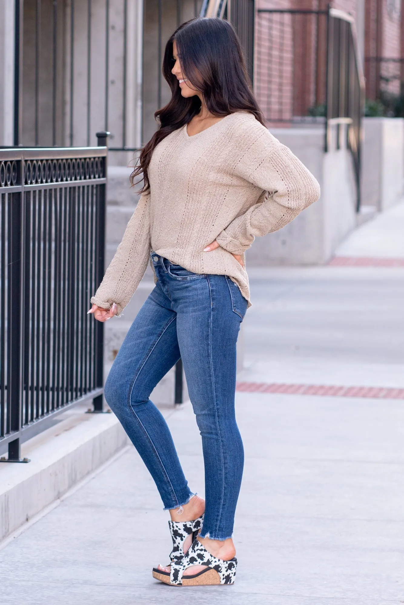 Glistening Mid Rise Raw Hem Cropped Skinny Regular & Plus Sizes