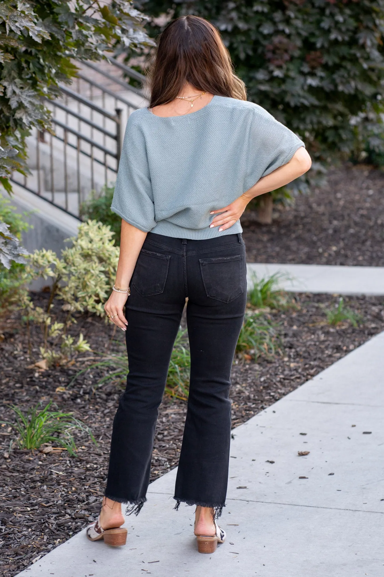 Grandeur Mid Rise Raw Hem Cropped Flare