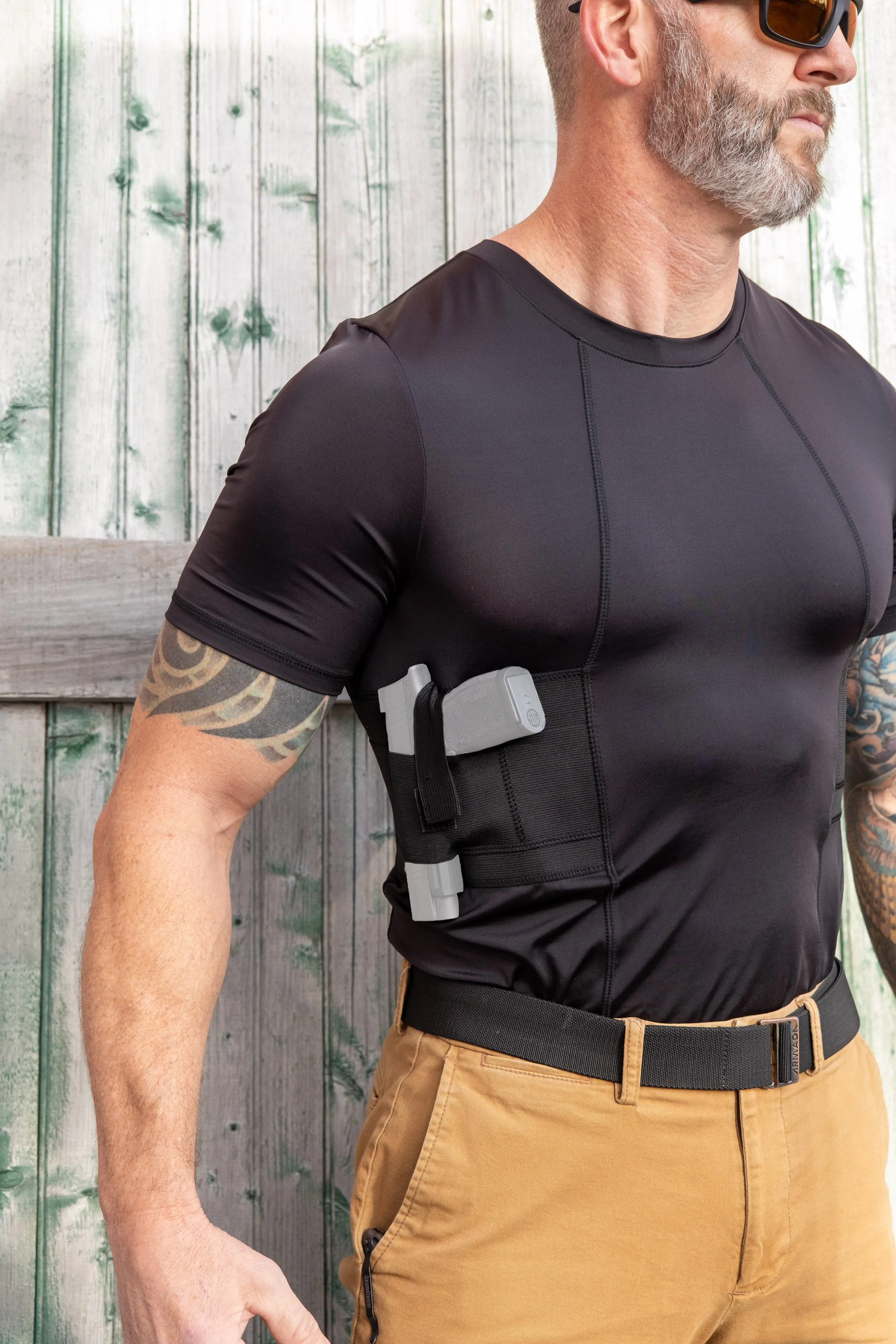 GrayStone Holster Shirt Concealed Men's Crew Neck - Easy Reach Gun Concealment Compression CCW