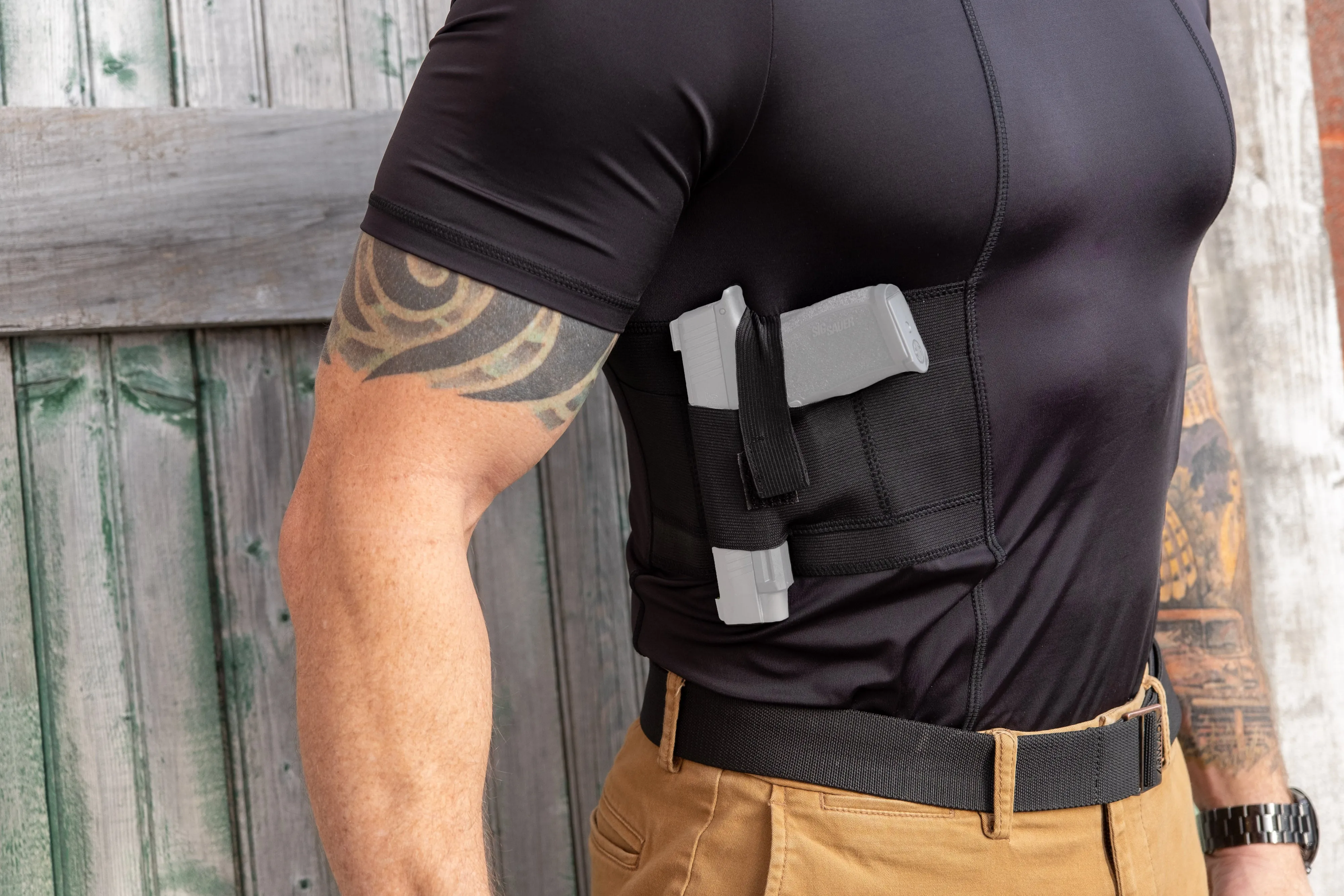 GrayStone Holster Shirt Concealed Men's Crew Neck - Easy Reach Gun Concealment Compression CCW