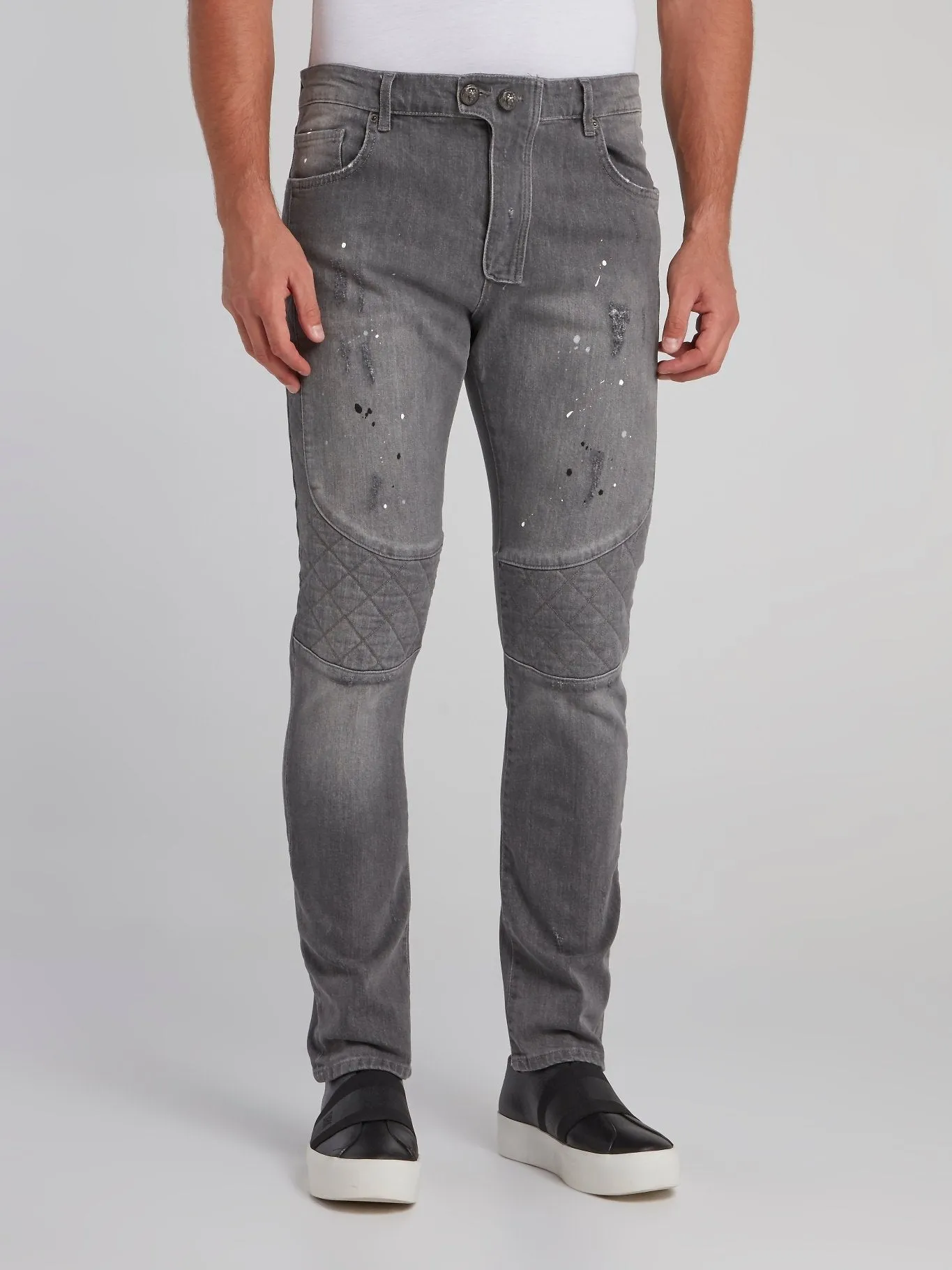 Grey Paint Splatter Biker Jeans