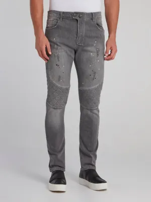 Grey Paint Splatter Biker Jeans