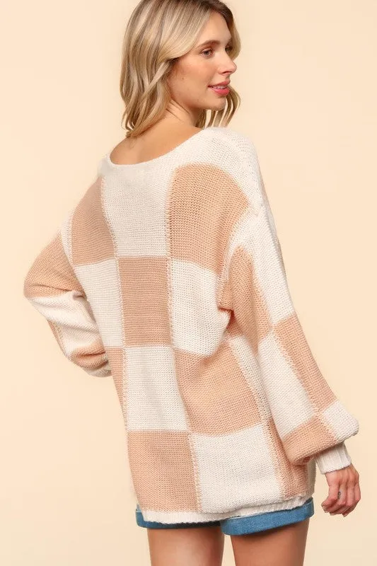 Haptics Checkered Round Neck Drop Shoulder Sweater
