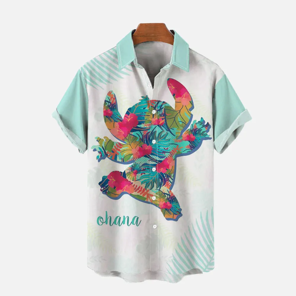 Hawaii Colorful Tropical Leaves Pattern Cartoon Character Silhouette Printed Short-Sleeved Shirt 2405002177