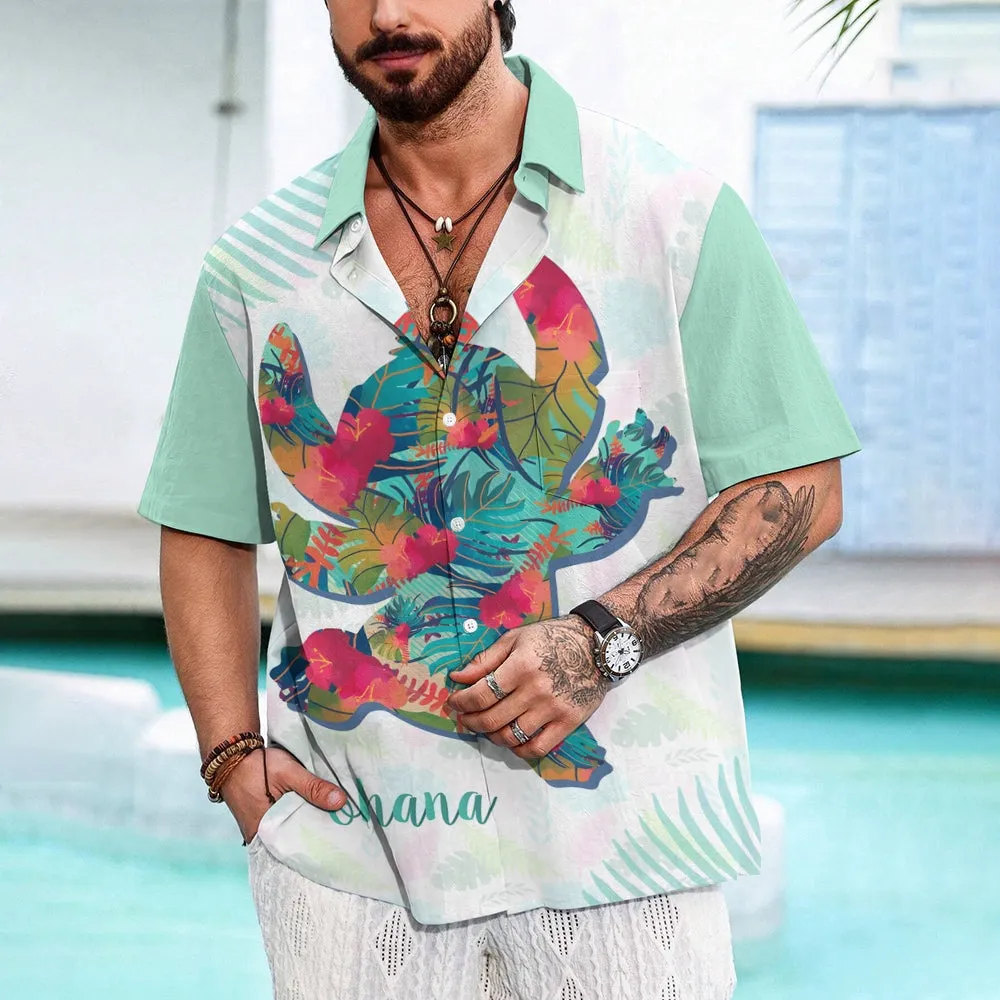Hawaii Colorful Tropical Leaves Pattern Cartoon Character Silhouette Printed Short-Sleeved Shirt 2405002177
