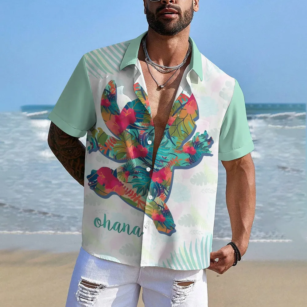 Hawaii Colorful Tropical Leaves Pattern Cartoon Character Silhouette Printed Short-Sleeved Shirt 2405002177