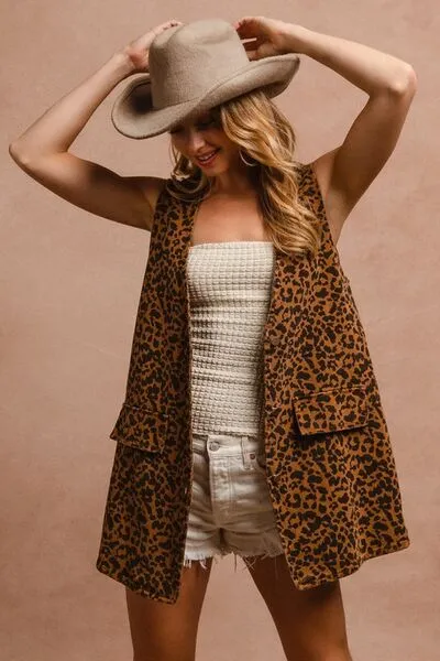 Hazel Blues® |  BiBi Leopard Button Up Denim Vest