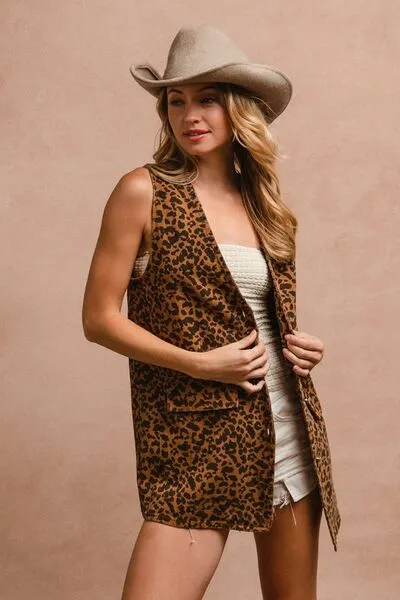 Hazel Blues® |  BiBi Leopard Button Up Denim Vest